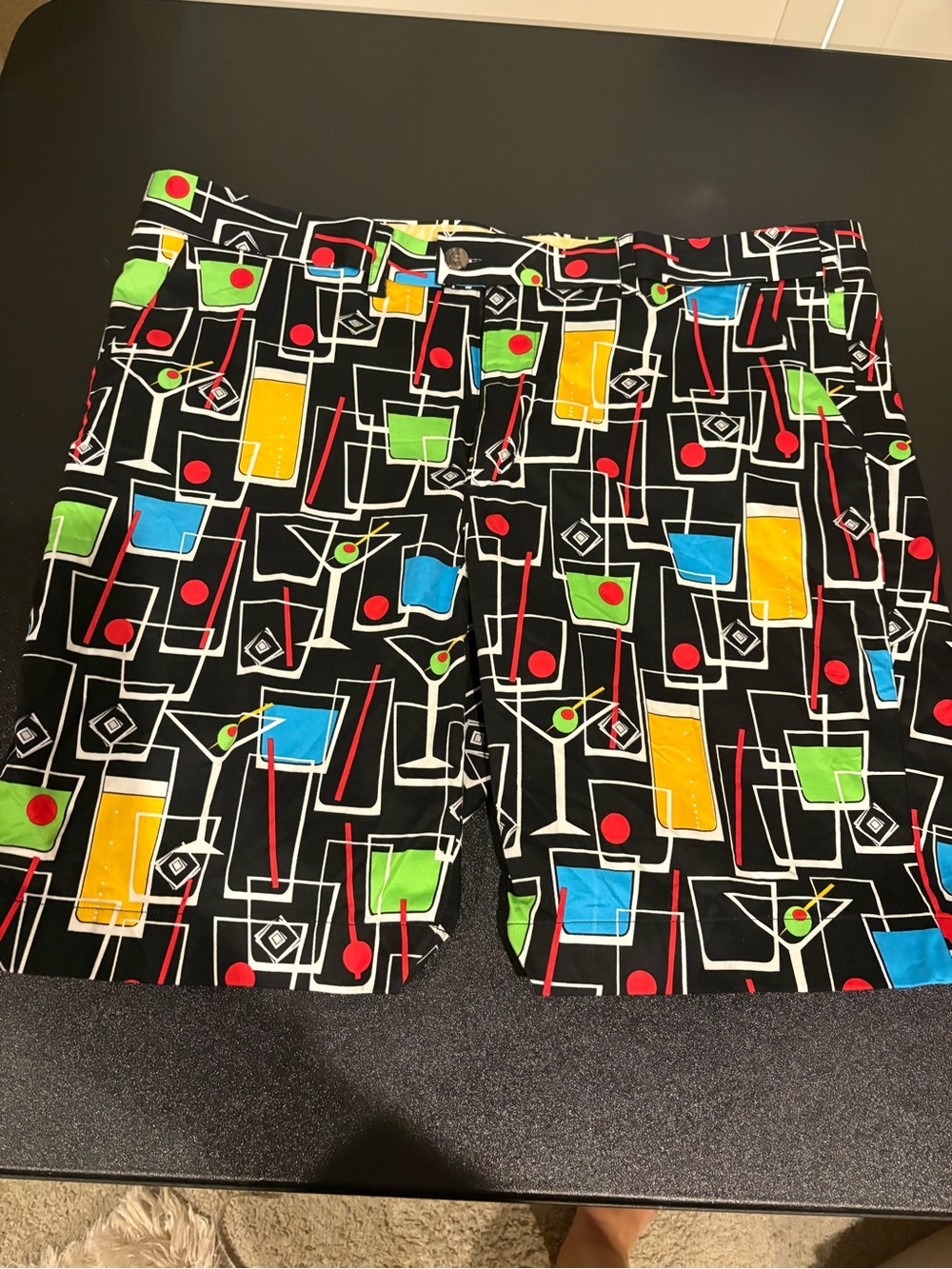 NWOT Loudmouth Black Shorts with Yellow, Blue, Green & Red cocktail Print